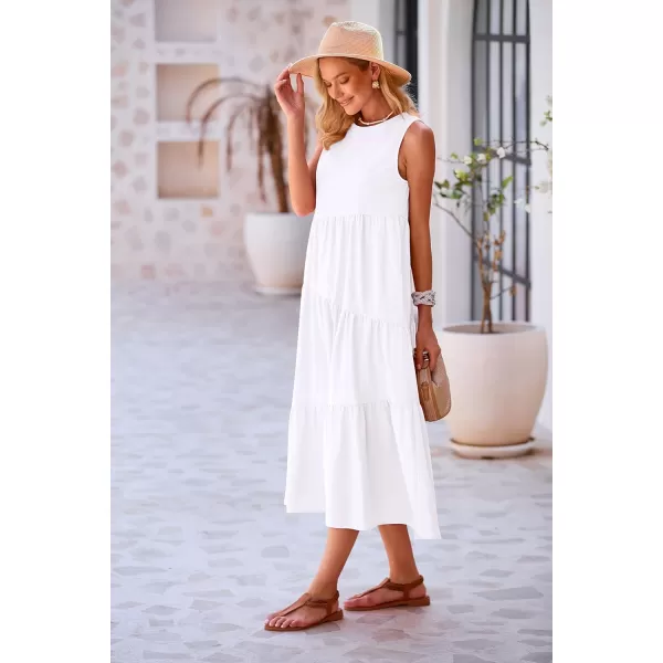 imagePRETTYGARDEN Womens Summer Midi Dress Sleeveless Crewneck Tiered Long Flowy Casual Holiday Beach Sundresses with PocketsWhite