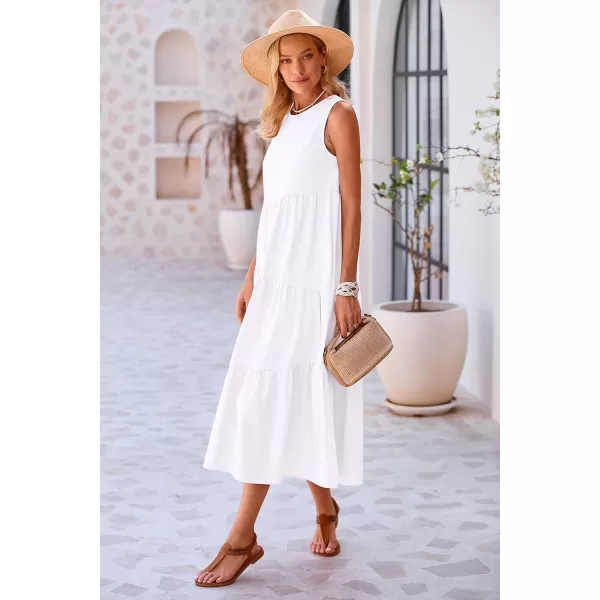 imagePRETTYGARDEN Womens Summer Midi Dress Sleeveless Crewneck Tiered Long Flowy Casual Holiday Beach Sundresses with PocketsWhite