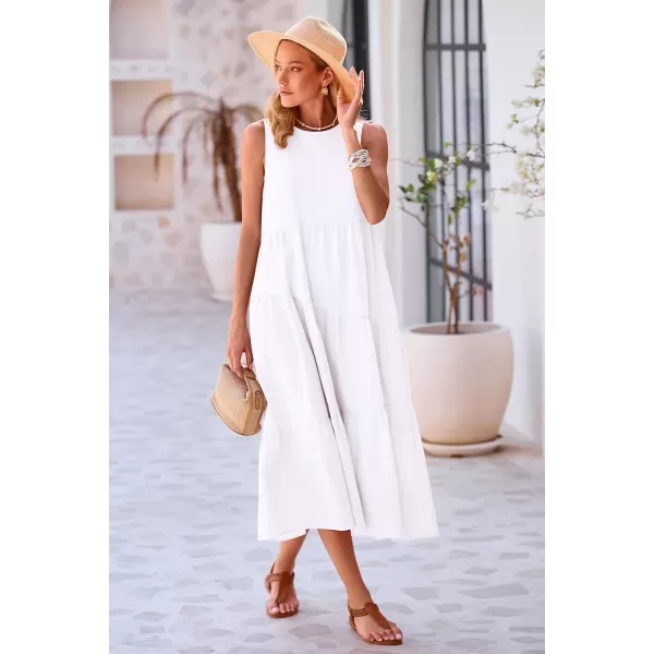 imagePRETTYGARDEN Womens Summer Midi Dress Sleeveless Crewneck Tiered Long Flowy Casual Holiday Beach Sundresses with PocketsWhite