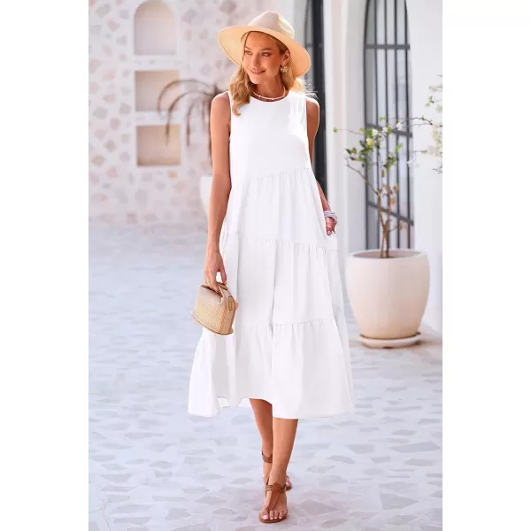 imagePRETTYGARDEN Womens Summer Midi Dress Sleeveless Crewneck Tiered Long Flowy Casual Holiday Beach Sundresses with PocketsWhite