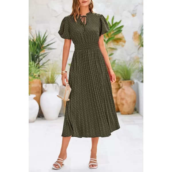 imagePRETTYGARDEN Womens Summer Midi Dresses Puff Short Sleeve V Neck Swiss Dot Pleated A Line Flowy Long Wedding Guest DressArmy Green