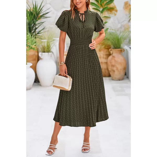 imagePRETTYGARDEN Womens Summer Midi Dresses Puff Short Sleeve V Neck Swiss Dot Pleated A Line Flowy Long Wedding Guest DressArmy Green