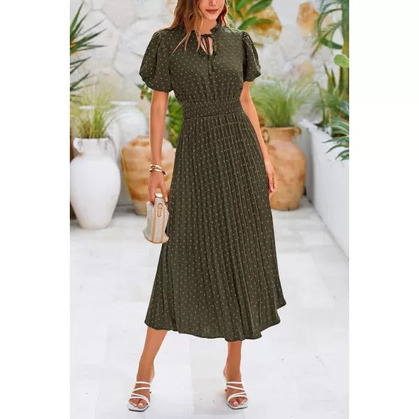 imagePRETTYGARDEN Womens Summer Midi Dresses Puff Short Sleeve V Neck Swiss Dot Pleated A Line Flowy Long Wedding Guest DressArmy Green