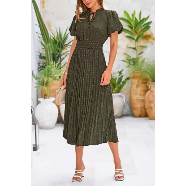imagePRETTYGARDEN Womens Summer Midi Dresses Puff Short Sleeve V Neck Swiss Dot Pleated A Line Flowy Long Wedding Guest DressArmy Green