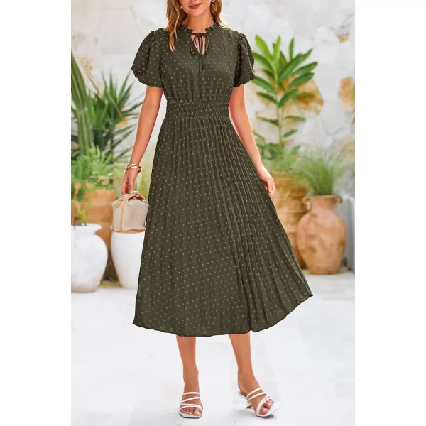 imagePRETTYGARDEN Womens Summer Midi Dresses Puff Short Sleeve V Neck Swiss Dot Pleated A Line Flowy Long Wedding Guest DressArmy Green