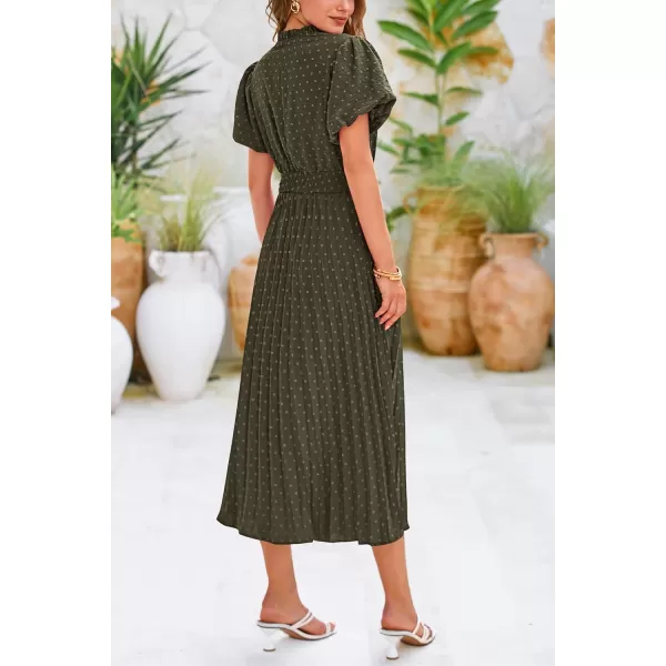 imagePRETTYGARDEN Womens Summer Midi Dresses Puff Short Sleeve V Neck Swiss Dot Pleated A Line Flowy Long Wedding Guest DressArmy Green