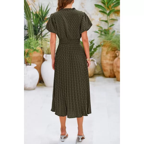 imagePRETTYGARDEN Womens Summer Midi Dresses Puff Short Sleeve V Neck Swiss Dot Pleated A Line Flowy Long Wedding Guest DressArmy Green
