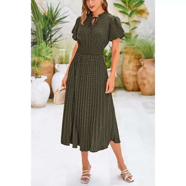 imagePRETTYGARDEN Womens Summer Midi Dresses Puff Short Sleeve V Neck Swiss Dot Pleated A Line Flowy Long Wedding Guest DressArmy Green
