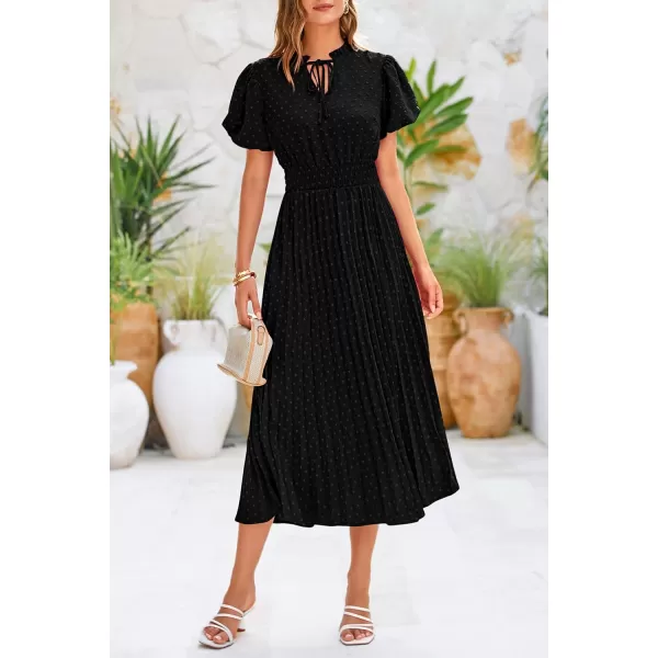 imagePRETTYGARDEN Womens Summer Midi Dresses Puff Short Sleeve V Neck Swiss Dot Pleated A Line Flowy Long Wedding Guest DressBlack