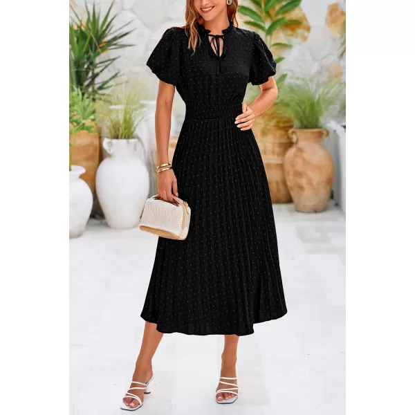imagePRETTYGARDEN Womens Summer Midi Dresses Puff Short Sleeve V Neck Swiss Dot Pleated A Line Flowy Long Wedding Guest DressBlack