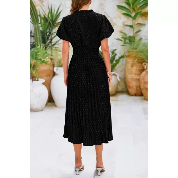 imagePRETTYGARDEN Womens Summer Midi Dresses Puff Short Sleeve V Neck Swiss Dot Pleated A Line Flowy Long Wedding Guest DressBlack