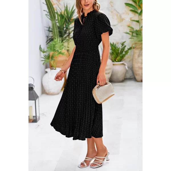imagePRETTYGARDEN Womens Summer Midi Dresses Puff Short Sleeve V Neck Swiss Dot Pleated A Line Flowy Long Wedding Guest DressBlack