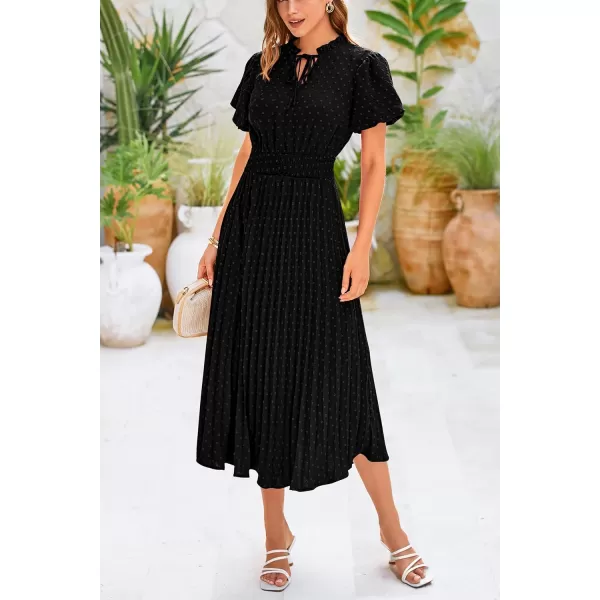 imagePRETTYGARDEN Womens Summer Midi Dresses Puff Short Sleeve V Neck Swiss Dot Pleated A Line Flowy Long Wedding Guest DressBlack