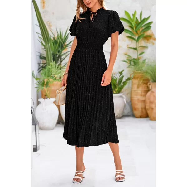 imagePRETTYGARDEN Womens Summer Midi Dresses Puff Short Sleeve V Neck Swiss Dot Pleated A Line Flowy Long Wedding Guest DressBlack