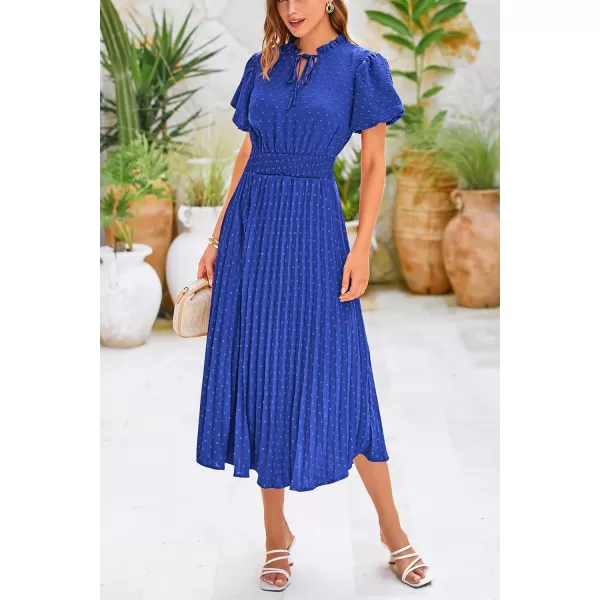 imagePRETTYGARDEN Womens Summer Midi Dresses Puff Short Sleeve V Neck Swiss Dot Pleated A Line Flowy Long Wedding Guest DressBlue