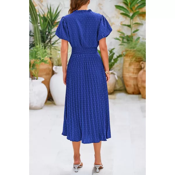 imagePRETTYGARDEN Womens Summer Midi Dresses Puff Short Sleeve V Neck Swiss Dot Pleated A Line Flowy Long Wedding Guest DressBlue