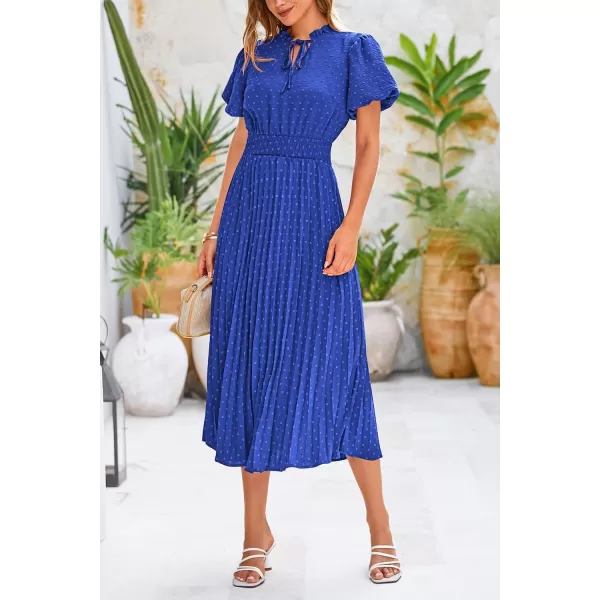imagePRETTYGARDEN Womens Summer Midi Dresses Puff Short Sleeve V Neck Swiss Dot Pleated A Line Flowy Long Wedding Guest DressBlue