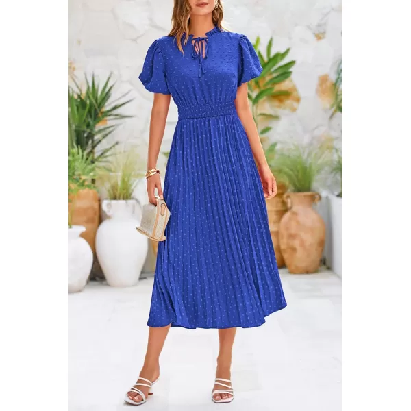 imagePRETTYGARDEN Womens Summer Midi Dresses Puff Short Sleeve V Neck Swiss Dot Pleated A Line Flowy Long Wedding Guest DressBlue