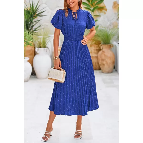 imagePRETTYGARDEN Womens Summer Midi Dresses Puff Short Sleeve V Neck Swiss Dot Pleated A Line Flowy Long Wedding Guest DressBlue