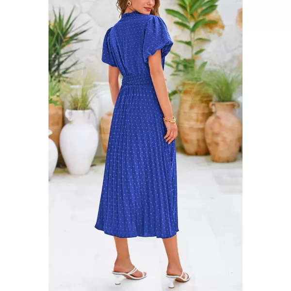 imagePRETTYGARDEN Womens Summer Midi Dresses Puff Short Sleeve V Neck Swiss Dot Pleated A Line Flowy Long Wedding Guest DressBlue