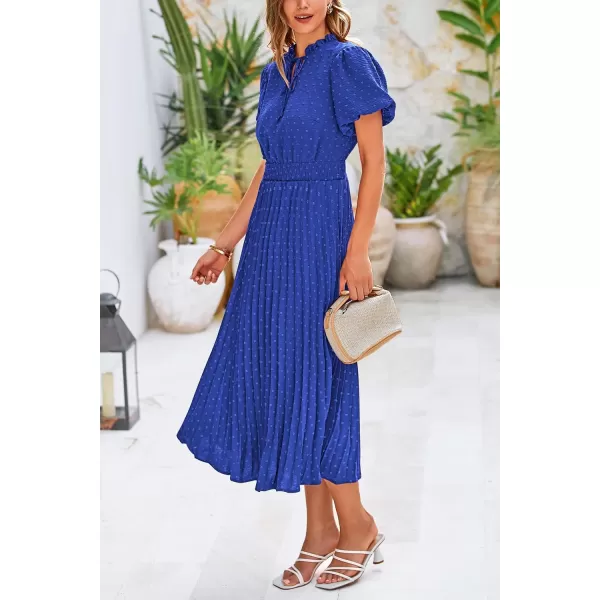imagePRETTYGARDEN Womens Summer Midi Dresses Puff Short Sleeve V Neck Swiss Dot Pleated A Line Flowy Long Wedding Guest DressBlue