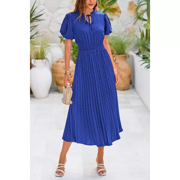imagePRETTYGARDEN Womens Summer Midi Dresses Puff Short Sleeve V Neck Swiss Dot Pleated A Line Flowy Long Wedding Guest DressBlue