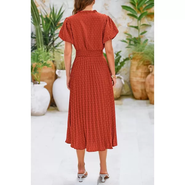 imagePRETTYGARDEN Womens Summer Midi Dresses Puff Short Sleeve V Neck Swiss Dot Pleated A Line Flowy Long Wedding Guest DressBrick Red