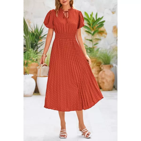 imagePRETTYGARDEN Womens Summer Midi Dresses Puff Short Sleeve V Neck Swiss Dot Pleated A Line Flowy Long Wedding Guest DressBrick Red