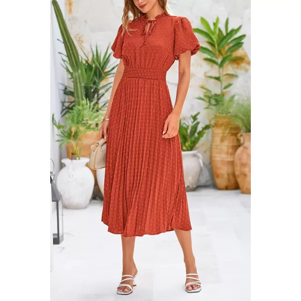 imagePRETTYGARDEN Womens Summer Midi Dresses Puff Short Sleeve V Neck Swiss Dot Pleated A Line Flowy Long Wedding Guest DressBrick Red