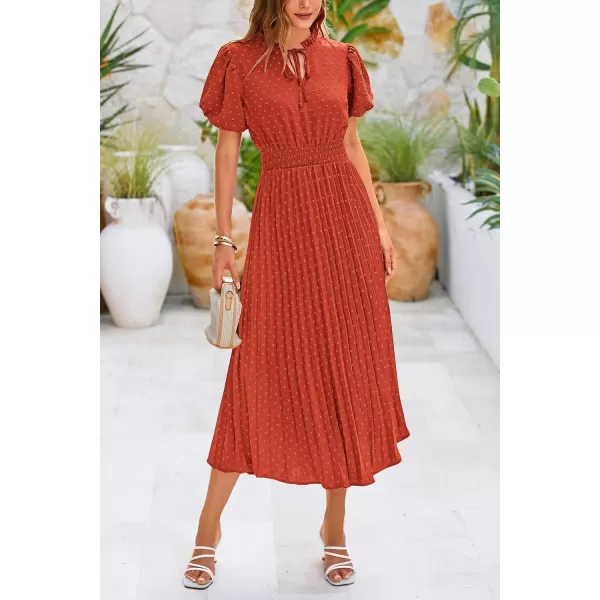 imagePRETTYGARDEN Womens Summer Midi Dresses Puff Short Sleeve V Neck Swiss Dot Pleated A Line Flowy Long Wedding Guest DressBrick Red