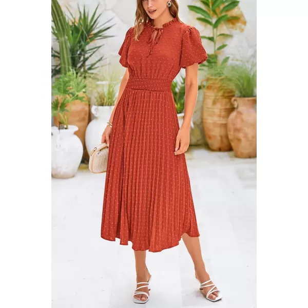 imagePRETTYGARDEN Womens Summer Midi Dresses Puff Short Sleeve V Neck Swiss Dot Pleated A Line Flowy Long Wedding Guest DressBrick Red