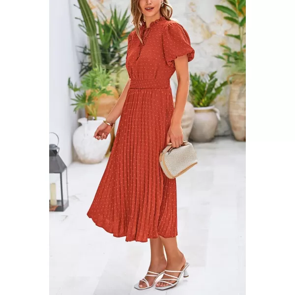 imagePRETTYGARDEN Womens Summer Midi Dresses Puff Short Sleeve V Neck Swiss Dot Pleated A Line Flowy Long Wedding Guest DressBrick Red