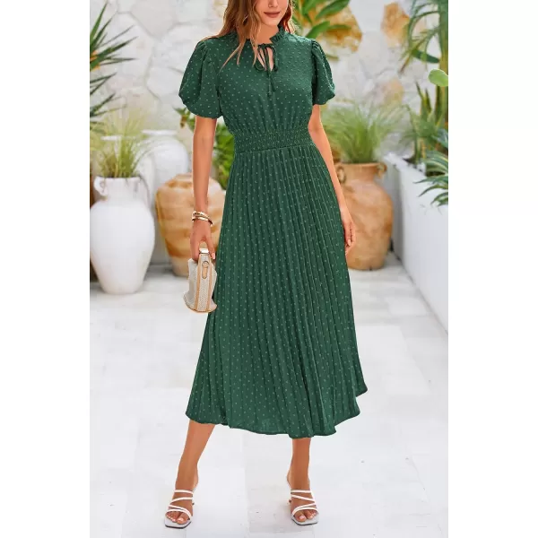 imagePRETTYGARDEN Womens Summer Midi Dresses Puff Short Sleeve V Neck Swiss Dot Pleated A Line Flowy Long Wedding Guest DressDark Green