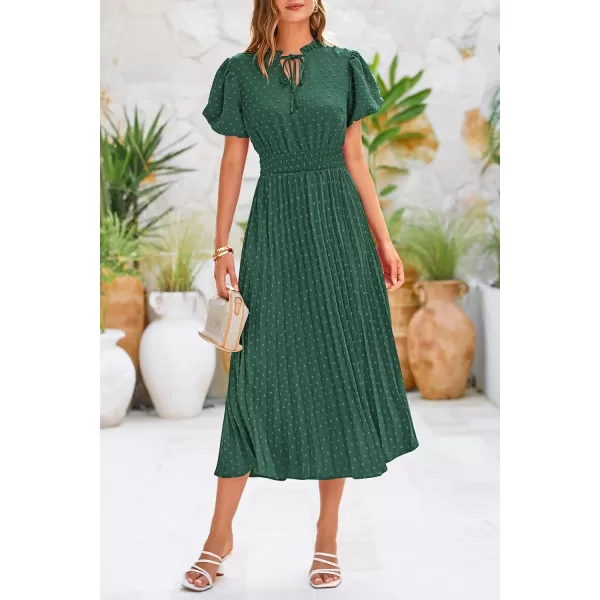 imagePRETTYGARDEN Womens Summer Midi Dresses Puff Short Sleeve V Neck Swiss Dot Pleated A Line Flowy Long Wedding Guest DressDark Green