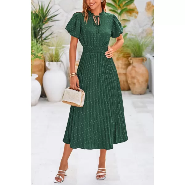 imagePRETTYGARDEN Womens Summer Midi Dresses Puff Short Sleeve V Neck Swiss Dot Pleated A Line Flowy Long Wedding Guest DressDark Green