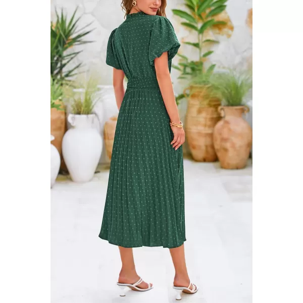 imagePRETTYGARDEN Womens Summer Midi Dresses Puff Short Sleeve V Neck Swiss Dot Pleated A Line Flowy Long Wedding Guest DressDark Green