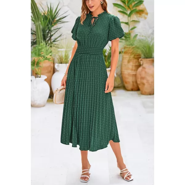 imagePRETTYGARDEN Womens Summer Midi Dresses Puff Short Sleeve V Neck Swiss Dot Pleated A Line Flowy Long Wedding Guest DressDark Green