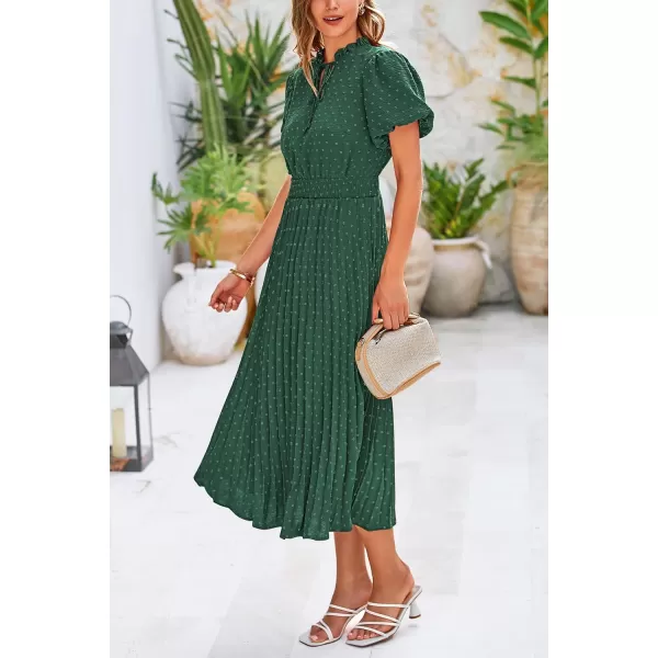 imagePRETTYGARDEN Womens Summer Midi Dresses Puff Short Sleeve V Neck Swiss Dot Pleated A Line Flowy Long Wedding Guest DressDark Green