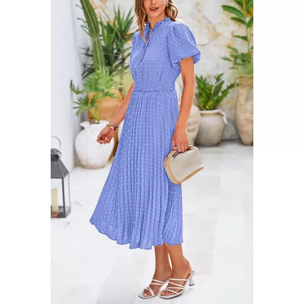 imagePRETTYGARDEN Womens Summer Midi Dresses Puff Short Sleeve V Neck Swiss Dot Pleated A Line Flowy Long Wedding Guest DressLight Blue
