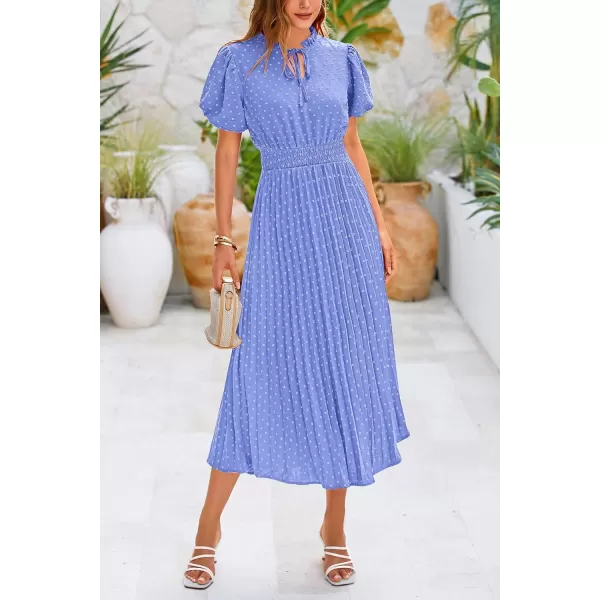 imagePRETTYGARDEN Womens Summer Midi Dresses Puff Short Sleeve V Neck Swiss Dot Pleated A Line Flowy Long Wedding Guest DressLight Blue