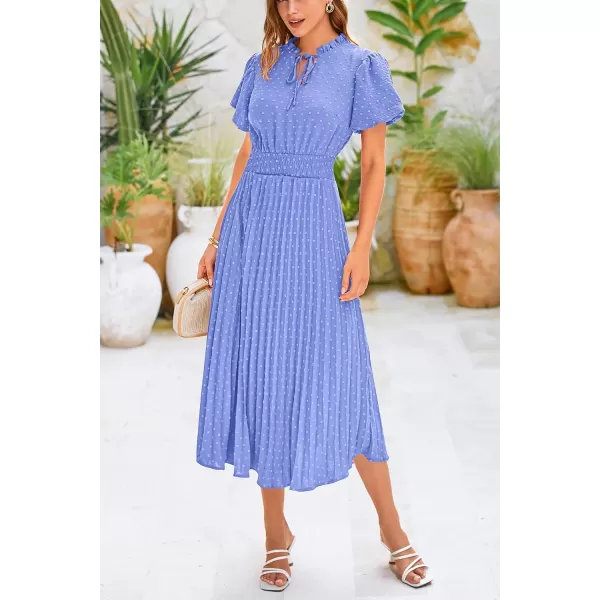 imagePRETTYGARDEN Womens Summer Midi Dresses Puff Short Sleeve V Neck Swiss Dot Pleated A Line Flowy Long Wedding Guest DressLight Blue
