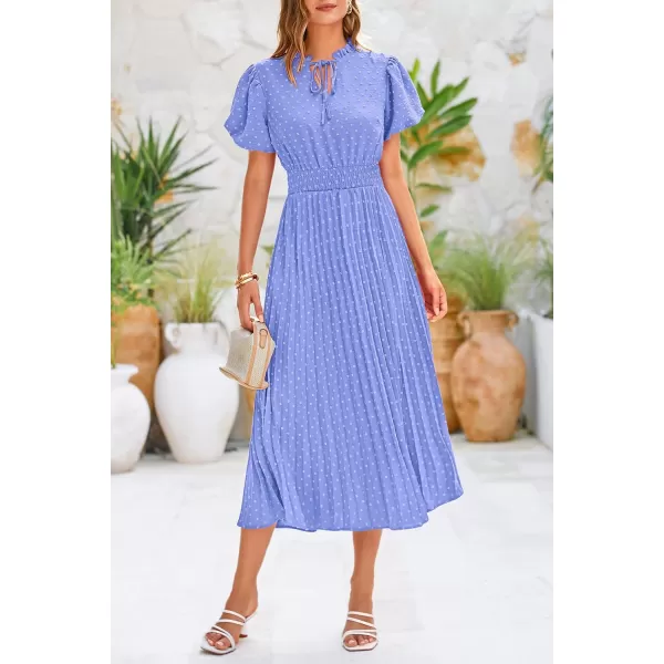 imagePRETTYGARDEN Womens Summer Midi Dresses Puff Short Sleeve V Neck Swiss Dot Pleated A Line Flowy Long Wedding Guest DressLight Blue