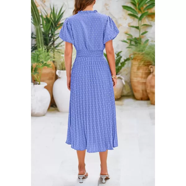 imagePRETTYGARDEN Womens Summer Midi Dresses Puff Short Sleeve V Neck Swiss Dot Pleated A Line Flowy Long Wedding Guest DressLight Blue