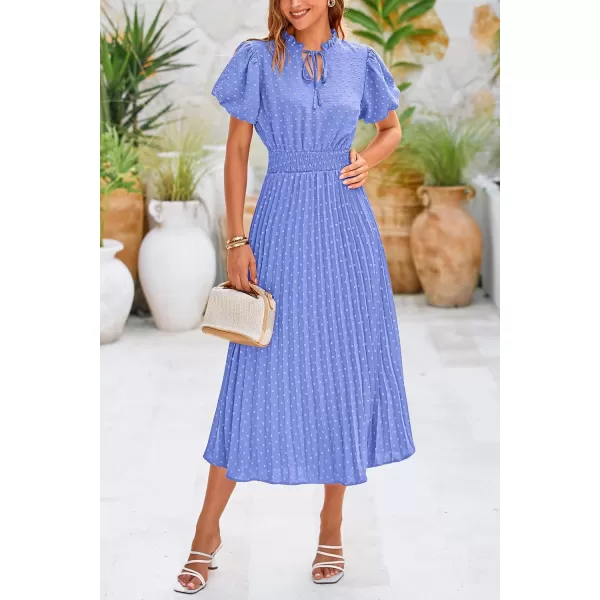 imagePRETTYGARDEN Womens Summer Midi Dresses Puff Short Sleeve V Neck Swiss Dot Pleated A Line Flowy Long Wedding Guest DressLight Blue