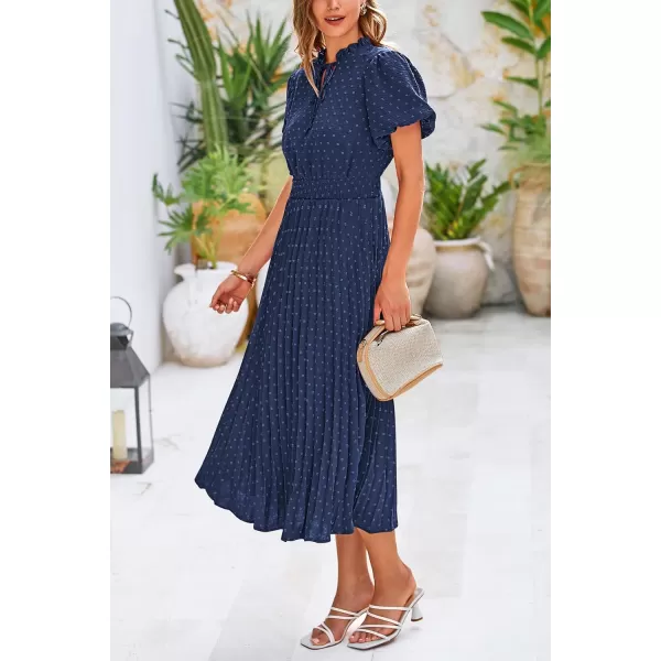 imagePRETTYGARDEN Womens Summer Midi Dresses Puff Short Sleeve V Neck Swiss Dot Pleated A Line Flowy Long Wedding Guest DressNavy