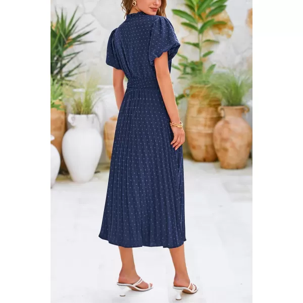 imagePRETTYGARDEN Womens Summer Midi Dresses Puff Short Sleeve V Neck Swiss Dot Pleated A Line Flowy Long Wedding Guest DressNavy