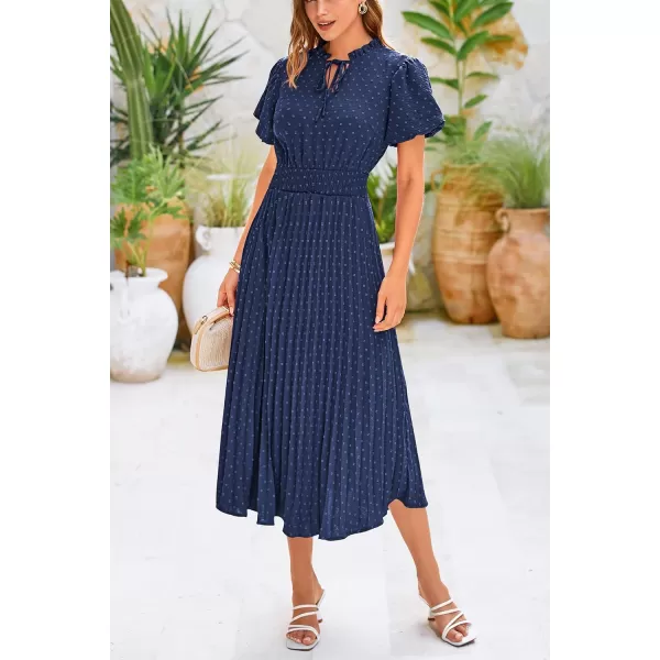 imagePRETTYGARDEN Womens Summer Midi Dresses Puff Short Sleeve V Neck Swiss Dot Pleated A Line Flowy Long Wedding Guest DressNavy