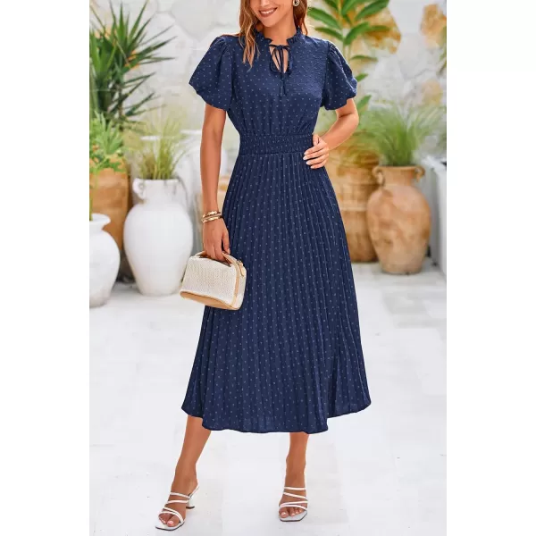 imagePRETTYGARDEN Womens Summer Midi Dresses Puff Short Sleeve V Neck Swiss Dot Pleated A Line Flowy Long Wedding Guest DressNavy