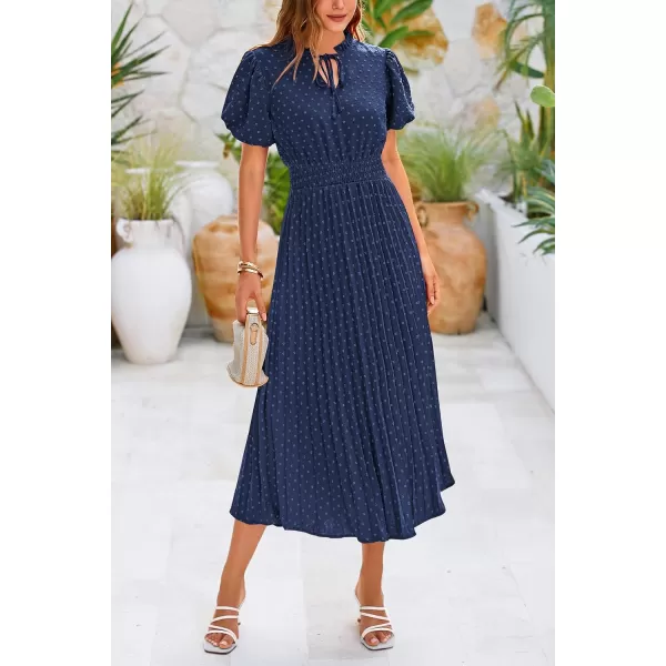 imagePRETTYGARDEN Womens Summer Midi Dresses Puff Short Sleeve V Neck Swiss Dot Pleated A Line Flowy Long Wedding Guest DressNavy