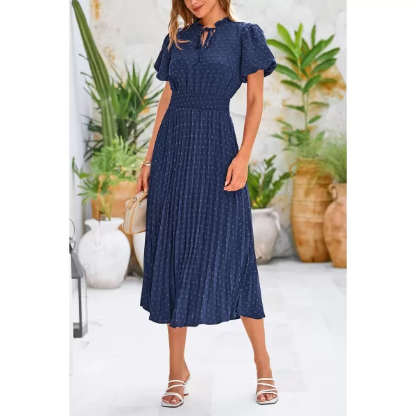 imagePRETTYGARDEN Womens Summer Midi Dresses Puff Short Sleeve V Neck Swiss Dot Pleated A Line Flowy Long Wedding Guest DressNavy